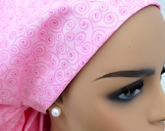 Small Pink Swirls Ponytail Scrub Hat, Satin Lined