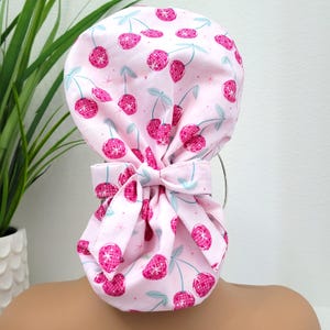 Small, Pastel Pink w/Cherries, Protect Hair w/Satin Lined Ponytail Scrub Cap, Buttons Option, Nurse/Surgical/Dr Cap, Satin Lined Scrub Hat