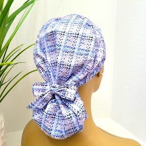 Blue Plaid, Satin Lined Ponytail Scrub Hat, Protect Hair w/Satin Lined Ponytail Scrub Cap, Nurse/Surgical/Dr Cap, Full Satin Lining