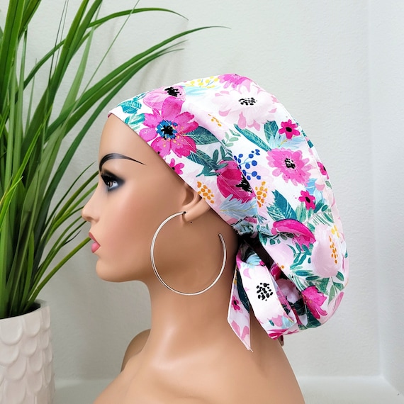 6 Satin Lined Scrub Caps Adjustable Tie Back Ponytail Surgical Nurse Hats Amazon.com: Large Satin Scrub Cap for Women Long Braids Hair  main image 3
