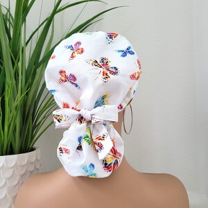 Small Butterflies Satin Lined Scrub Hat, Protect Hair w/Satin Lined Ponytail Scrub Cap, Buttons Option, Size See Description, Surgical Cap