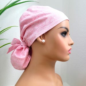 Pink Swirls, Satin Lined Scrub Hat, Protect Hair w/Satin Lined Ponytail Scrub Cap, Buttons Option, Nurse/Surgical/Dr Cap, Full Satin Lining