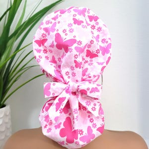 Pink Butterfly Satin Lined Ponytail Scrub Hat, Protect Hair w/Satin Lined Scrub Cap. Buttons & Size Options, Nurse/Surgical/Dr Cap