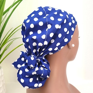 Blue w/White Polka Dots Ponytail Satin Lined Scrub Hat, Protect Hair w/Satin Lined Scrub Cap, Nurse/Surgical/Dr Hat, Full Satin Lining