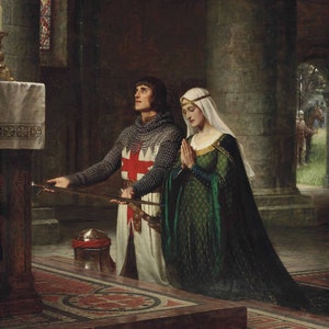Op de afbeelding: Een schilderij dat een man en een vrouw in een kerksetting toont. De man is gekleed in een harnas en een witte tuniek met een rood kruis, terwijl de vrouw een groene jurk en een witte sluier draagt. Ze knielen allebei in gebed.
