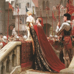 May include: A painting depicting a young boy being presented to a woman in a red robe and a crown. The woman is standing on a platform with a red carpet. There are many people in the background.