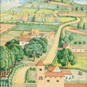May include: A watercolor painting depicting a green hill with a winding road leading down to a village. The village has several houses, a mill, and a bridge over a stream. The text "The hill: hobbiton-across-the-water" is written at the bottom of the painting.