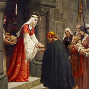 May include: A woman in a red and white robe gives a loaf of bread to a woman in a black cloak. The woman in the black cloak is surrounded by other people, including children.