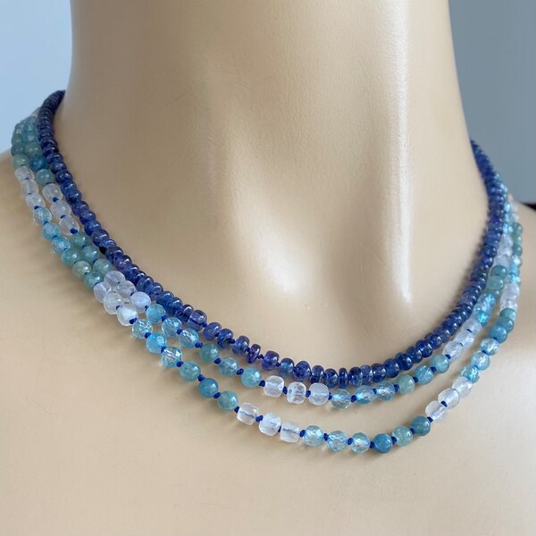 COLORS-Blue Sapphire rondelles-Bicolor Kyanite rounds-Faceted Blue Topaz-Faceted Rainbow Moonstone-mix and match necklaces