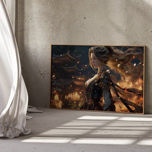 Mystical Firelight Wall Art, Enchanting Woman by Fire Canvas Print, Wood Frame, Living Room Art, Bedroom Art, Office Art, Housewarming Gift