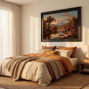 Estampado vintage de paisaje otoñal junto a un lago (tonos burdeos, naranja y marrón)