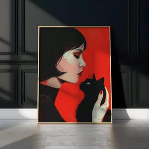 Woman and Black Cat Wall Art, Vibrant Red Portrait Canvas Print, Bold Decor, Living Room Art, Bedroom Art, Office Art, Housewarming Gift