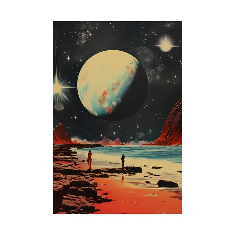 Celestial Shoreline Retro Space Art Meets Vintage Collage in Cosmic