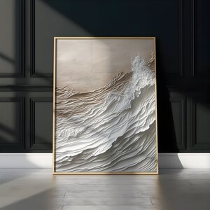 Tranquil Seascape: 3D Minimalist Ocean Painting On Flat Print, White Waves, Modern Sea Wall Art, Peaceful Coastal Decor, Farmhouse, Wall Art