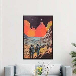 レトロフューチャリスティックな宇宙冒険ウォールアート、ヴィンテージSFコラージュキャンバスプリント、リビングルームアート、寝室アート、オフィスアート、新築祝いギフト