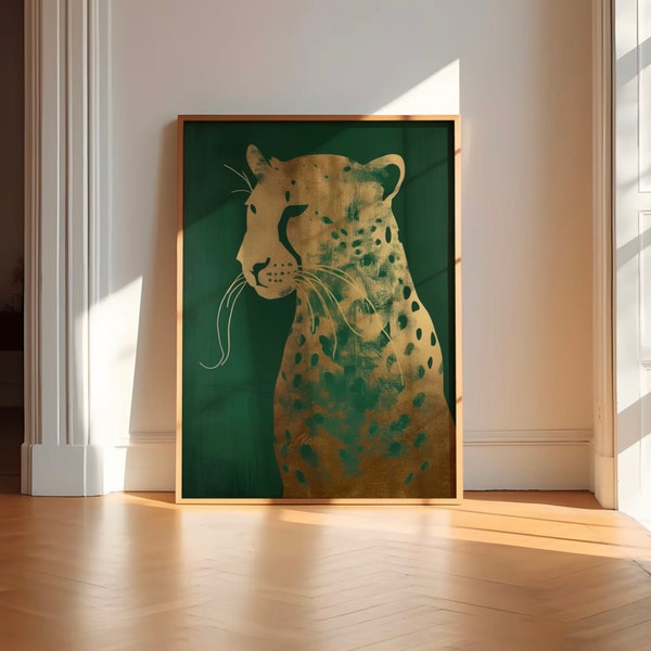 Gallery Framed Green and Gold Leopard Art: Cheetah Canvas, Maximalist Emerald Green Decor, Eclectic Gold Wall Art, Bold, Modern Farmhouse