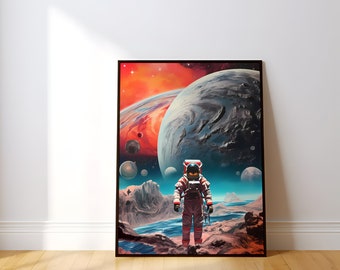 Surrealistyczna grafika ścienna z astronautą: retro kosmiczny kolaż (dostępne w różnych rozmiarach)