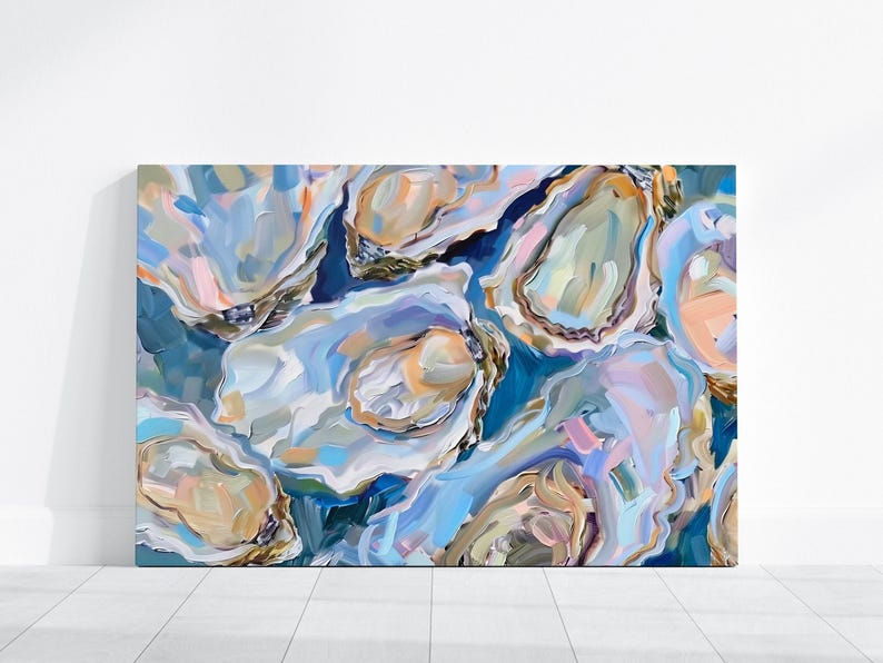 Delicias de ostras, lámina artística de cocina costera / lienzo de museo / póster mate o lienzo con borde envolvente, azul, tamaños variados. imagen 6