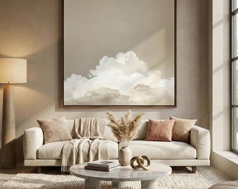 Minimalistische beige Wolken Wandkunst, weiche neutrale Leinwand (fertig zum Aufhängen)