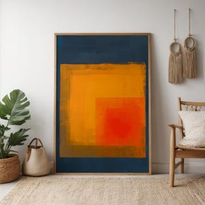 Decoración de pared abstracta: Cuadrados vibrantes en azul y naranja (mate o lienzo)