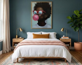 Tela con ritratto vibrante di afroamericano: colori audaci, effetto gomma da masticare