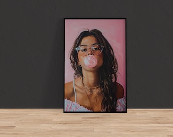Tela in stile Pop Art, Ragazza con gli occhiali che soffia una bolla di gomma (Pronta per essere appesa)
