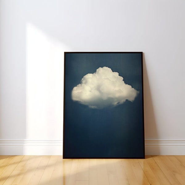 Solitary Serenity: Vintage Moody Lonely Cloud, Dark Minimalist Sky, Canvas, Simple Blue Sky Art, Peaceful Wall Decor, Modern Farmhouse