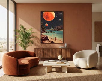 Space Beach Sci Fi, Retro Collage Print | Matte Paper Or Gallery Canvas | Custom Sizes, Tranquil Hues