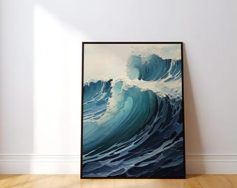 Arte mural minimalista de playa: olas azules abstractas del océano
