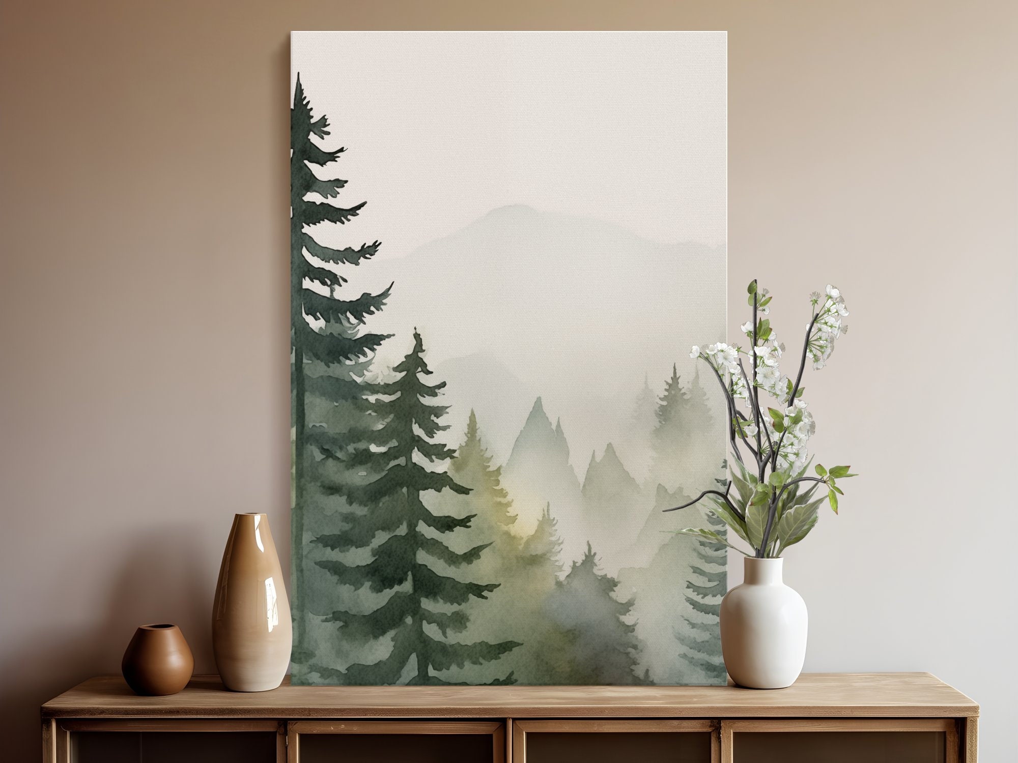 Montagne verte de la forêt : art moderne minimaliste, aménagement
