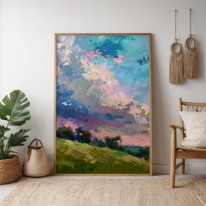 May include: Abstract landscape painting with a blue, pink, and green color scheme. The painting depicts a field with a cloudy sky above.