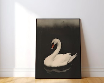 Vintage Black Swan Art Print: Moody Lake Scene, Elegant Wall Decor