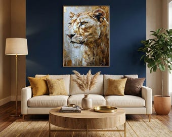 Lioness Wall Art: Graceful Wild Spirit in Gold (Canvas or Print)