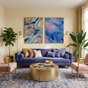 Muurkunstset oceaan: blauwe abstracte en impasto oester - kustdecor