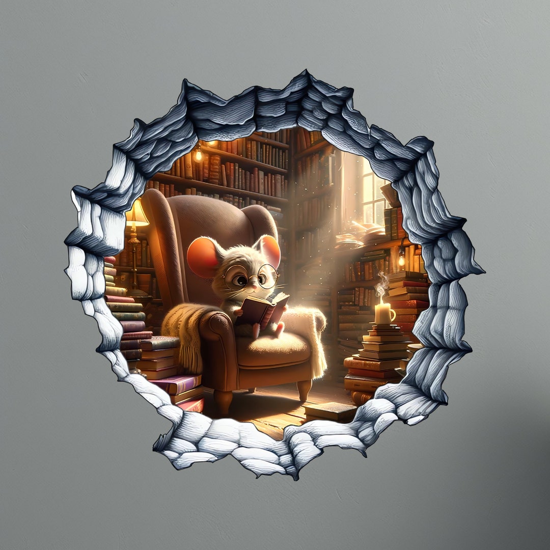 Wine & Book Mouse Hole Wall Decal - 3D Peel & Stick Wall Sticker For Home Decor - View #2