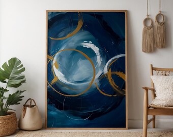 Cuadro abstracto de círculos azules y dorados para pared - Decoración moderna sobre lienzo