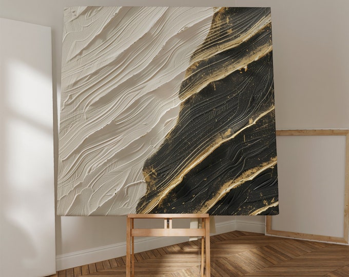 Flat Framed CanvasL Gold and Black 3D Texture Style Waves Painting, Minimalist Wabi Sabi Abstract Wave, Personalized Gift, Minimalist Art