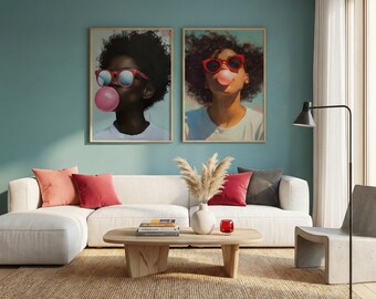Stampe murali Bubble Gum Pop Art - Sfondo verde acqua, accenti rossi