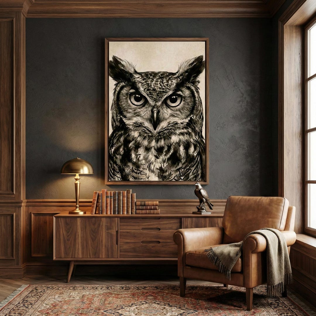 Horned Owl Charcoal Sketch: Rustic Wildlife Wall Art, Vintage Cabin ...