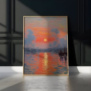 Impressionistischer Sonnenuntergang mit Seeblick, Wanddruck, Wandkunst, Illustrationen, minimalistische Kunst, modernes Bauernhaus, Wanddekor, Kunst an der Wand, Kunstdekor