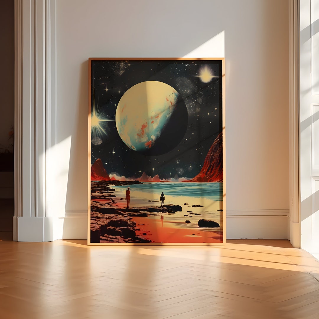 Celestial Shoreline Retro Space Art Meets Vintage Collage in Cosmic