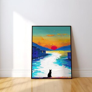 Sunset Cat Canvas Art - Vibrant Urban Canal Scene