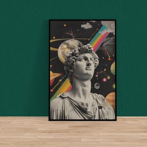 Celestial Elegance Greek God Canvas, Marble Statue, Space Theme (Ready to Hang)