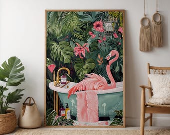 Whimsical Flamingo Wall Art - Tropical Jungle Bathroom Decor