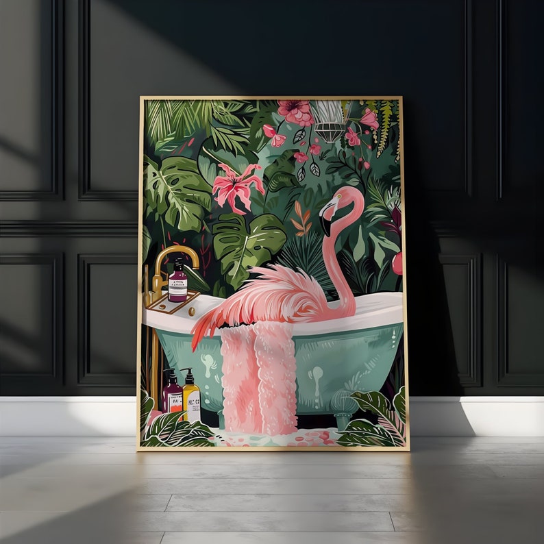 Canvas Print Flamingo in Bathtub Botanical Bathroom With Maximalist