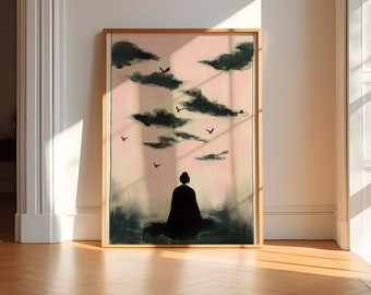 Art minimaliste japonais : nuages, oiseaux, peintures à l'huile de femmes, décoration murale en toile moderne, esthétique orientale élégante, ferme moderne, art mural