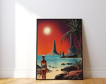 Cosmic Beach Wall Art: Retro Futuristic Collage - Surreal Space Decor