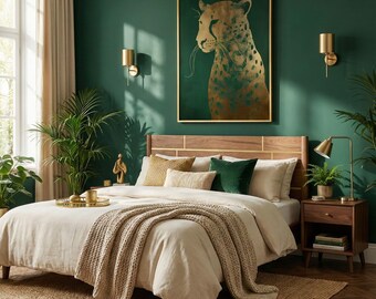 Arte leopardata verde e oro: decorazione murale massimalista color smeraldo