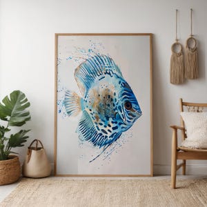 Serene Discus Fish: Modern Coastal Abstract Art Print | Blue Ocean Wall Decor for Beach House, Living Room Art, Bedroom Art, Office Art
