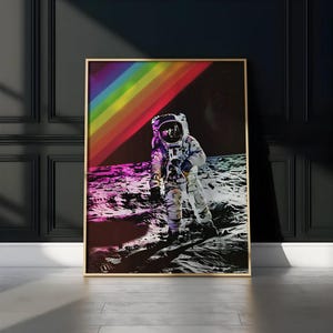 Lunar Spectrum Wall Art, Astronaut on the Moon with Rainbow Sky Canvas Print, Space Decor, Living Room Art, Bedroom Art, Office Art